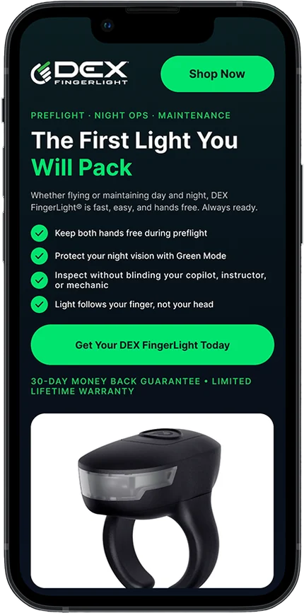 DEX FingerLight landing page led by product benefits, mobile screenshot