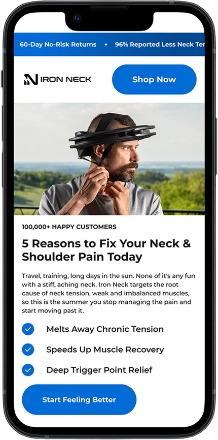 Iron Neck landing page led by the customer problem, mobile screenshot